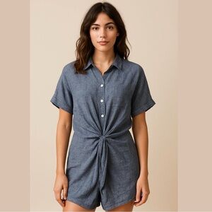 Carlson Chambray Linen Button Up Top Tunic Twisted waist front Blue Sz medium